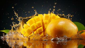 Fresh juicy mango with water splash isolated on background, healthy tropical fruit, AI Generative photo