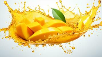 Fresco jugoso mango con agua chapoteo aislado en fondo, sano tropical fruta, ai generativo foto