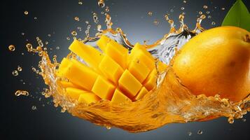 Fresh juicy mango with water splash isolated on background, healthy tropical fruit, AI Generative photo