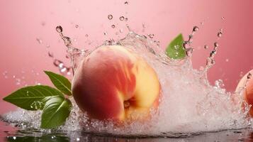 Fresh juicy peach fruit with water splash isolated on background, healthy fruit, AI Generative photo