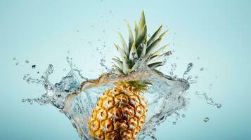 Fresh juicy pineapple fruit with water splash isolated on background, healthy tropical fruit, AI Generative photo