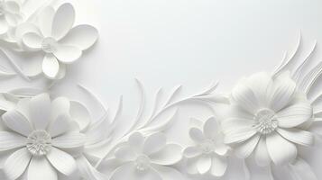 blanco papel flores fondo, Boda decoración, nupcial ramo, saludo tarjeta plantilla, Copiar espacio, ai generativo foto