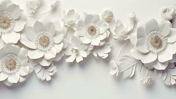 blanco papel flores fondo, Boda decoración, nupcial ramo, saludo tarjeta plantilla, Copiar espacio, ai generativo foto