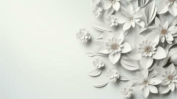 white paper flowers background, wedding decoration, bridal bouquet, greeting card template, copy space, AI Generative photo