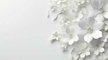 white paper flowers background, wedding decoration, bridal bouquet, greeting card template, copy space, AI Generative photo