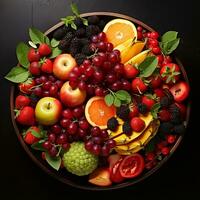 bowl of healthy fresh fruit salad, close up of a colorful Mixed tropical fruit, Copy space, AI Generative photo