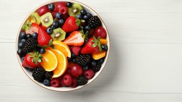 cuenco de sano Fresco Fruta ensalada, cerca arriba de un vistoso mezclado tropical fruta, Copiar espacio, ai generativo foto