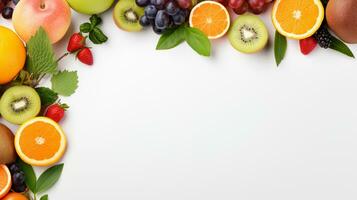 Fresh organic fruits lineup isolated on background, copy space, AI Generative photo