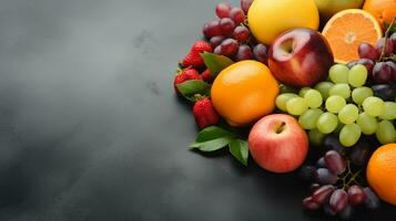 Fresh organic fruits lineup isolated on background, copy space, AI Generative photo