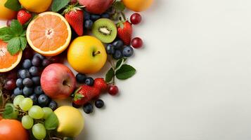 Fresh organic fruits lineup isolated on background, copy space, AI Generative photo