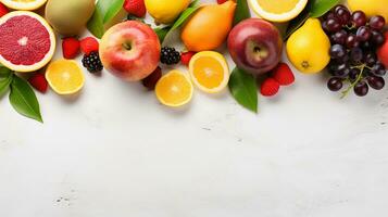 Fresh organic fruits lineup isolated on background, copy space, AI Generative photo