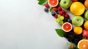 Fresh organic fruits lineup isolated on background, copy space, AI Generative photo