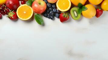 Fresh organic fruits lineup isolated on background, copy space, AI Generative photo