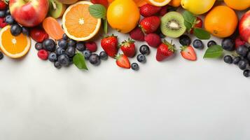 Fresh organic fruits lineup isolated on background, copy space, AI Generative photo