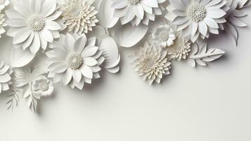 white paper flowers background, wedding decoration, bridal bouquet, greeting card template, copy space, AI Generative photo