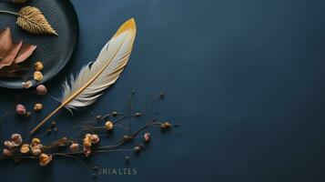 Indoor serene background, Feather, dried leaves twig, copy space, AI Generative photo