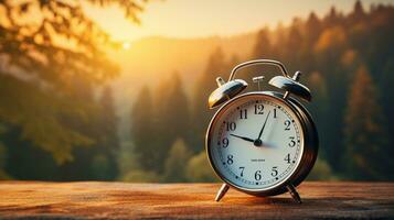 Stunning nature background, Amazing natural scenery, vintage alarm clock, AI Generative photo