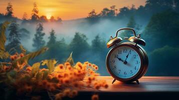 Stunning nature background, Amazing natural scenery, vintage alarm clock, AI Generative photo