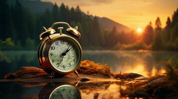 Stunning nature background, Amazing natural scenery, vintage alarm clock, AI Generative photo