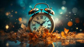 Vintage alarm clock on bokeh background, copy space, AI Generative photo