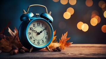 Vintage alarm clock on bokeh background, copy space, AI Generative photo