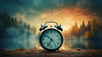 Stunning nature background, Amazing natural scenery, vintage alarm clock, AI Generative photo