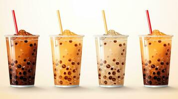 Set of Bubble milk tea drink design, Boba milk tea, taiwanese asian menu, Delicious sweet bubble tea cup with straw, AI Generative photo