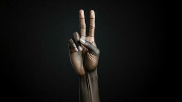 Hand showing peace sign isolated on black background, AI Generative photo