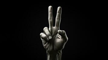 Hand showing peace sign isolated on black background, AI Generative photo