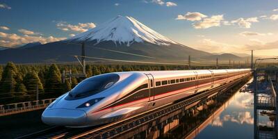 alta velocidad carril tren viajar, rápido moderno transporte, futurista tecnología concepto, ai generativo foto