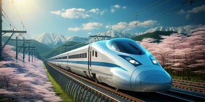 alta velocidad carril tren viajar, rápido moderno transporte, futurista tecnología concepto, ai generativo foto