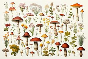 Mushroom Botanical illustration, item sheet, AI Generative photo