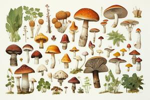 Mushroom Botanical illustration, item sheet, AI Generative photo