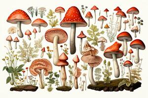 Mushroom Botanical illustration, item sheet, AI Generative photo