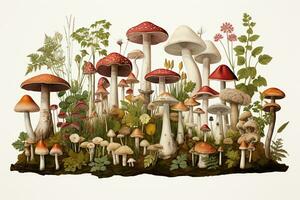 Mushroom Botanical illustration, item sheet, AI Generative photo
