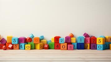 Colorful plastic bricks for kid, toddler, education and learning, toy shop, flat lay, copy space on white background, AI Generative photo