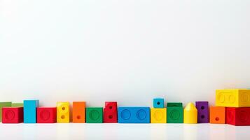 Colorful plastic bricks for kid, toddler, education and learning, toy shop, flat lay, copy space on white background, AI Generative photo