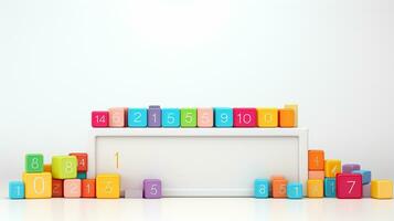 Colorful plastic bricks for kid, toddler, education and learning, toy shop, flat lay, copy space on white background, AI Generative photo