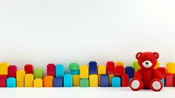 Colorful plastic bricks for kid, toddler, education and learning, toy shop, flat lay, copy space on white background, AI Generative photo