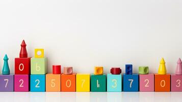 Colorful plastic bricks for kid, toddler, education and learning, toy shop, flat lay, copy space on white background, AI Generative photo