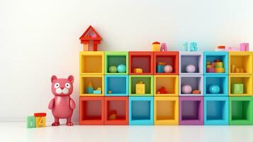 Colorful plastic bricks for kid, toddler, education and learning, toy shop, flat lay, copy space on white background, AI Generative photo