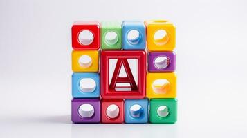 Colorful plastic bricks Alphabet for kid, toddler, education and learning, toy shop, flat lay, copy space on white background, AI Generative photo