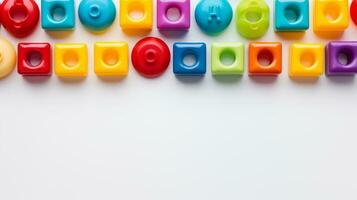 Colorful plastic bricks for kid, toddler, education and learning, toy shop, flat lay, copy space on white background, AI Generative photo