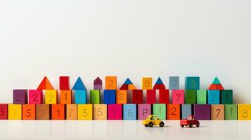 Colorful plastic bricks for kid, toddler, education and learning, toy shop, flat lay, copy space on white background, AI Generative photo