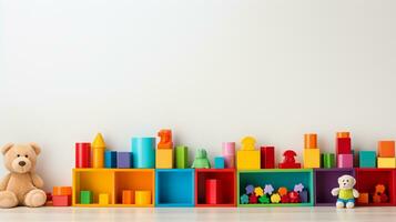 Colorful plastic bricks for kid, toddler, education and learning, toy shop, flat lay, copy space on white background, AI Generative photo