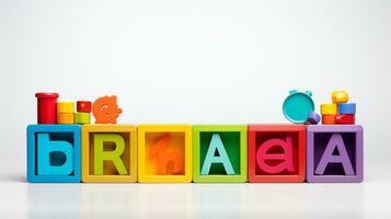 Colorful plastic bricks Alphabet for kid, toddler, education and learning, toy shop, flat lay, copy space on white background, AI Generative photo