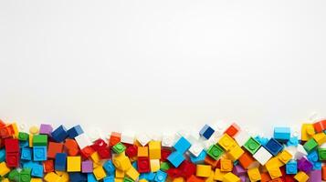 Colorful plastic bricks for kid, toddler, education and learning, toy shop, flat lay, copy space on white background, AI Generative photo