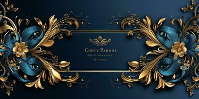 Abstract Shiny Luxury Frame, Midnight blue and Gold Color, Premium gift design, Party, invitation card, copy space for text, word, AI Generative photo