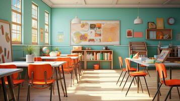 Empty Classroom school without student or teacher, empty chair and table, empty study room, AI Generative photo