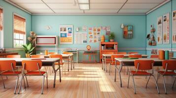 Empty Classroom school without student or teacher, empty chair and table, empty study room, AI Generative photo